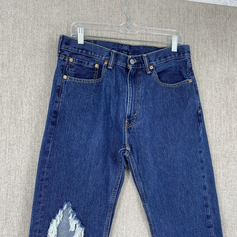 Levis 505 Regular Fit Jeans 32x34 Blue Distressed Raw Hem Straight Leg